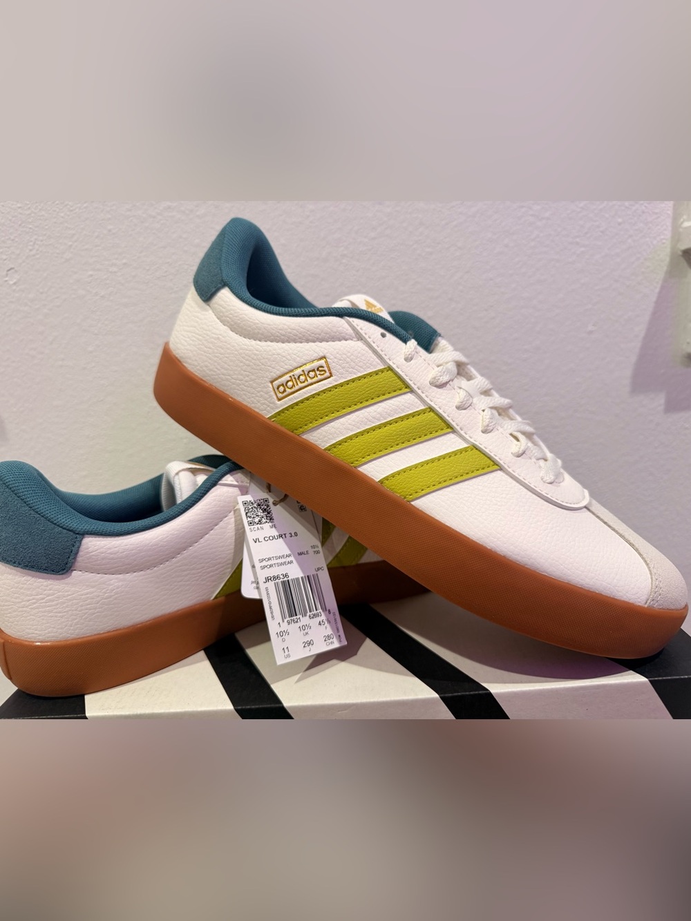 adidas VL Court 3.0 White Sneakers with Lime Stripes and Gum Sole JR8636 Size 11